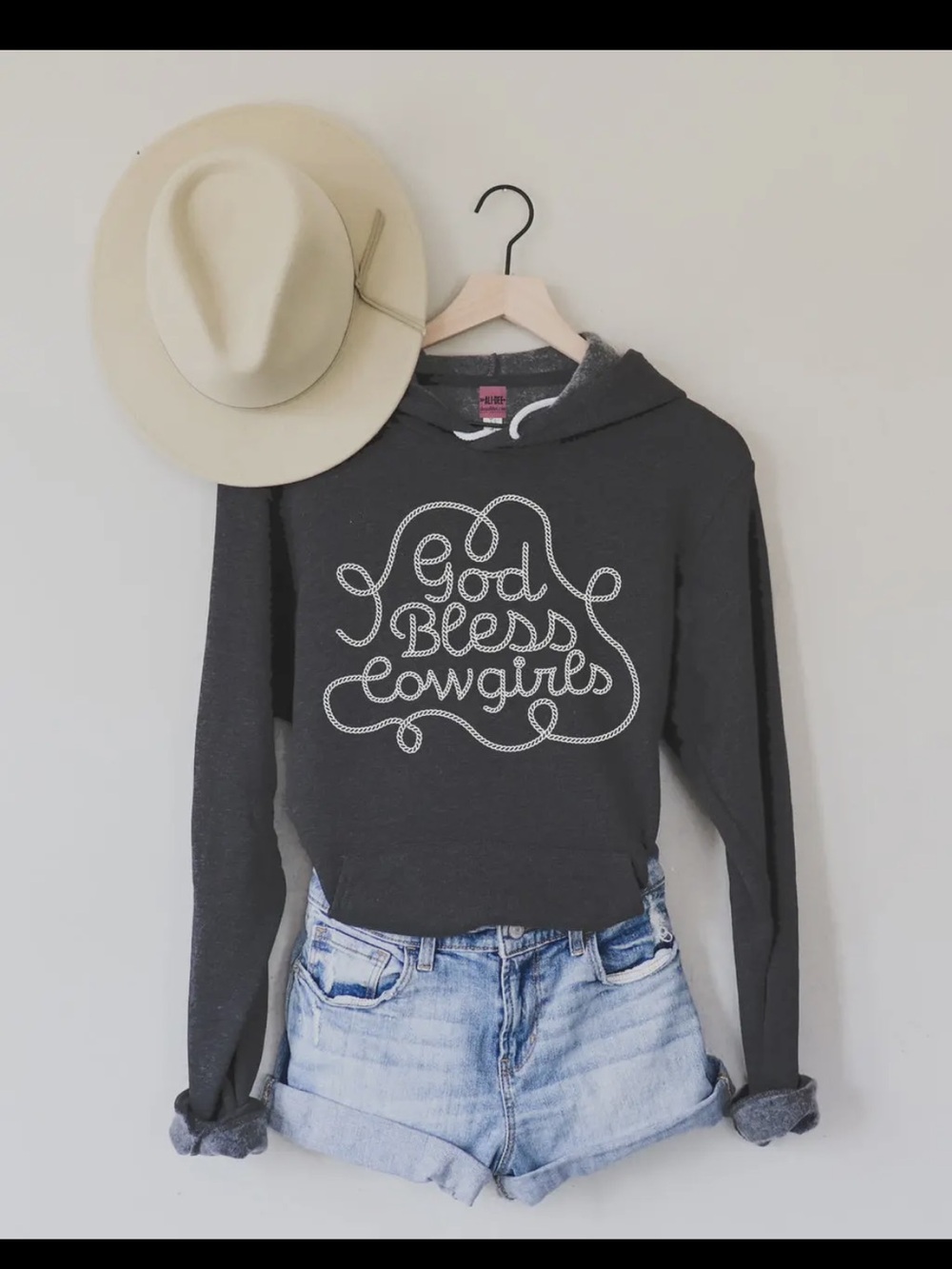 Cropped Dark Gray 'God Bless Cowgirls' Hoodie - Women's Pullover